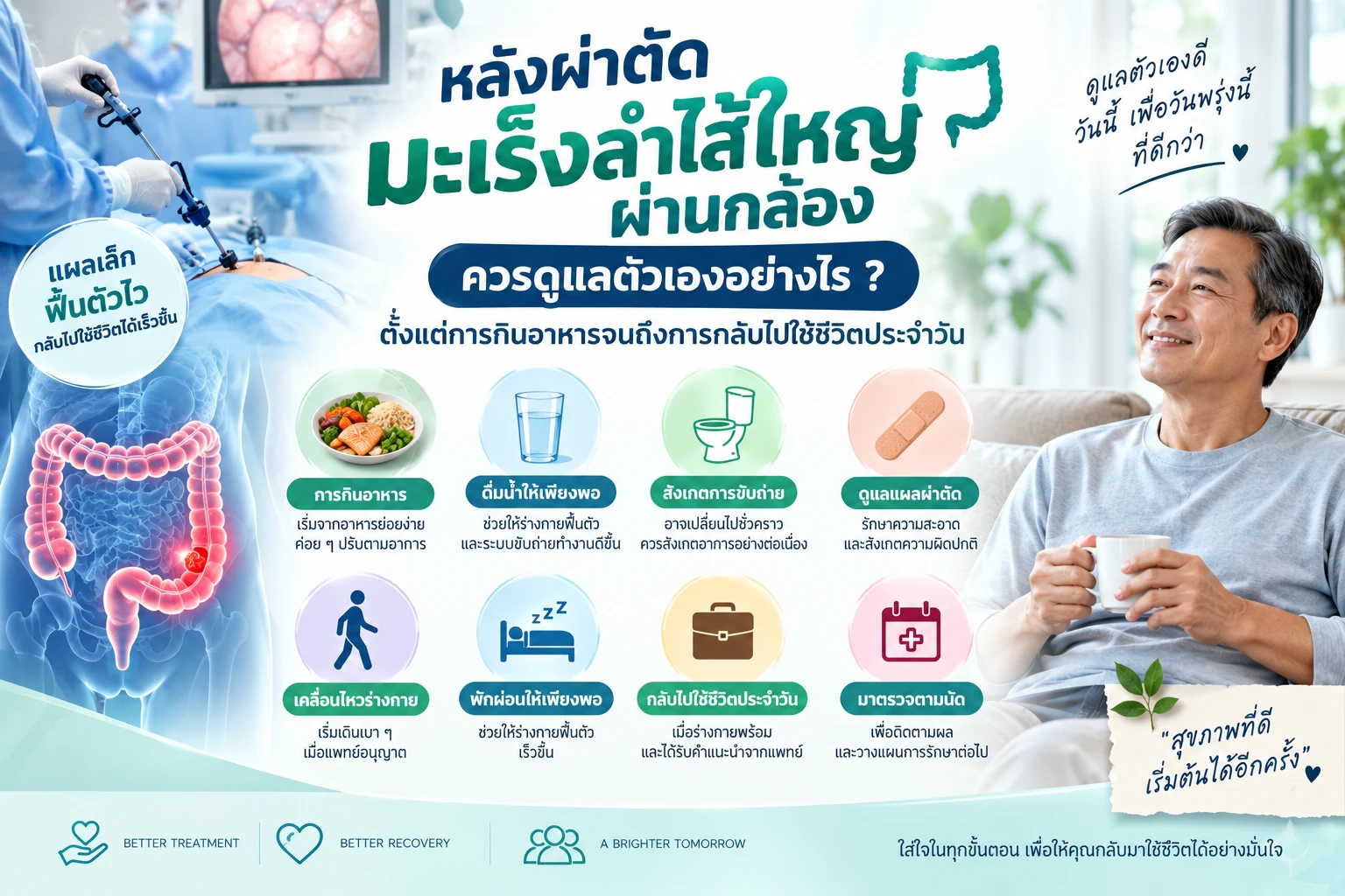 หลังผ่าตัดมะเร็งลำไส้ใหญ่ผ่านกล้องควรดูแลตัวเองอย่างไร ตั้งแต่การกินอาหารจนถึงการกลับไปใช้ชีวิตประจำวัน